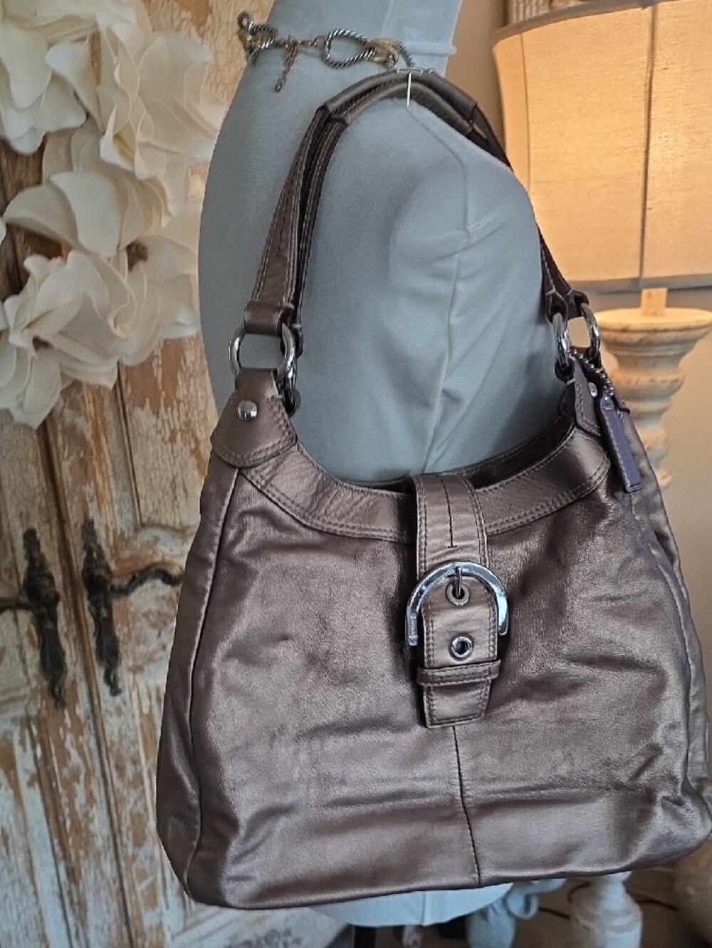 Coach Metallic Bronze/ Gold Leather Shoulder Bag with Silver Hardware - Picture 4 of 14